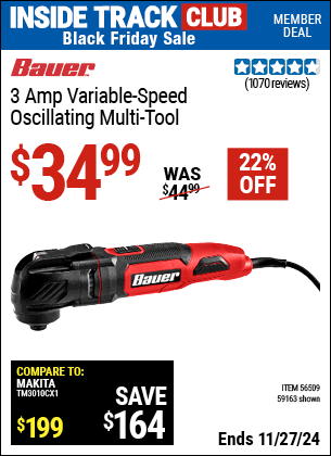 Buy the BAUER 3 Amp Variable-Speed Oscillating Multi-Tool (Item 59163/56509) for $34.99, valid through 11/27/2024.