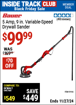 Buy the BAUER 5 Amp, 9 in. Variable-Speed Drywall Sander (Item 59166) for $99.99, valid through 11/27/2024.