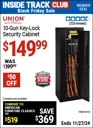 Buy the UNION SAFE COMPANY 10 Gun Key Lock Security Cabinet (Item 59418) for $149.99, valid through 11/27/2024.