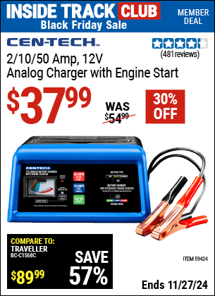 Buy the CEN-TECH 2/10/50 Amp, 12V Analog Charger with Engine Start (Item 59424) for $37.99, valid through 11/27/2024.