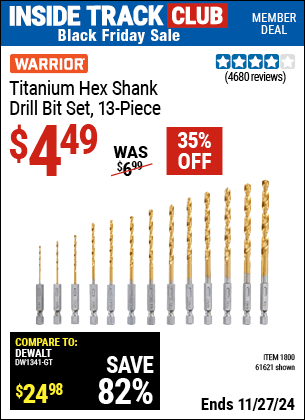 Buy the WARRIOR Titanium Hex Shank Drill Bit Set, 13-Piece (Item 61621/1800) for $4.49, valid through 11/27/2024.