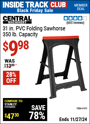 Buy the CENTRAL MACHINERY 31 in. PVC Folding Sawhorse, 350 lb. Capacity (Item 61979) for $9.98, valid through 11/27/2024.