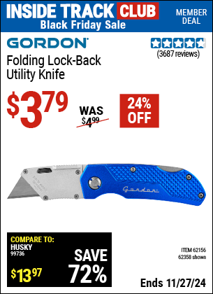 Buy the GORDON Folding Lock-Back Utility Knife (Item 62358/62156) for $3.79, valid through 11/27/2024.