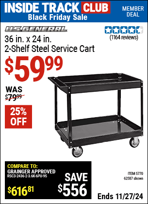 Buy the U.S. GENERAL 36 in. x 24 in. Two Shelf Steel Service Cart, Black (Item 62587/5770) for $59.99, valid through 11/27/2024.