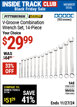 Buy the PITTSBURGH V-Groove Combination Wrench Set, 14 Piece (Item 63063/61399) for $29.99, valid through 11/27/2024.