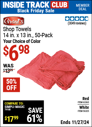 Buy the Shop Towels, 14 in. x 13 in., 50-Pack (Item 63365/56325/63360) for $6.98, valid through 11/27/2024.