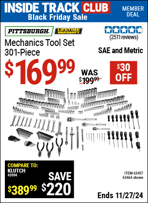 Buy the PITTSBURGH Mechanics Tool Set, 301 Piece (Item 63464) for $169.99, valid through 11/27/2024.