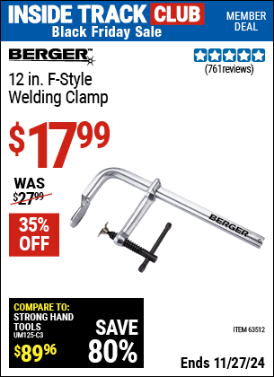 Buy the BERGER 12 in. F-Style Welding Clamp (Item 63512) for $17.99, valid through 11/27/2024.