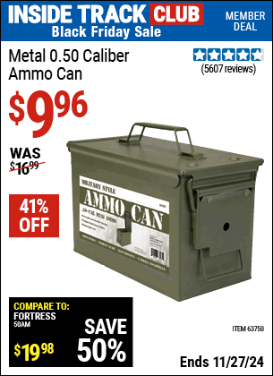 Buy the Metal 0.50 Caliber Ammo Can (Item 63750) for $9.96, valid through 11/27/2024.