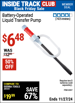 Buy the Battery-Operated Liquid Transfer Pump (Item 63847) for $6.48, valid through 11/27/2024.