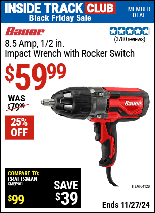 Buy the BAUER 8.5 Amp 1/2 in. Impact Wrench with Rocker Switch (Item 64120) for $59.99, valid through 11/27/2024.