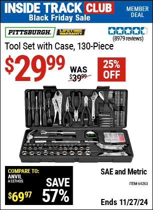 Buy the PITTSBURGH Tool Set with Case, 130 Piece (Item 64263) for $29.99, valid through 11/27/2024.