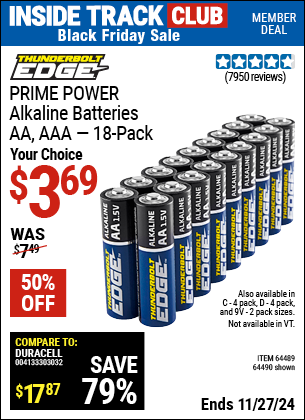 Buy the THUNDERBOLT EDGE PRIME POWER Alkaline Batteries (Item 64490/64489/64491/64492/64493) for $3.69, valid through 11/27/2024.