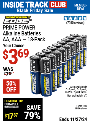 Buy the THUNDERBOLT EDGE PRIME POWER Alkaline Batteries (Item 64490/64489/64491/64492/64493) for $3.69, valid through 11/27/2024.