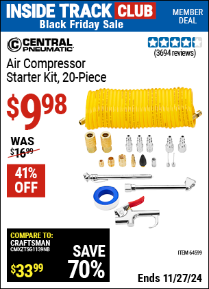 Buy the CENTRAL PNEUMATIC Air Compressor Starter Kit, 20 Piece (Item 64599) for $9.98, valid through 11/27/2024.