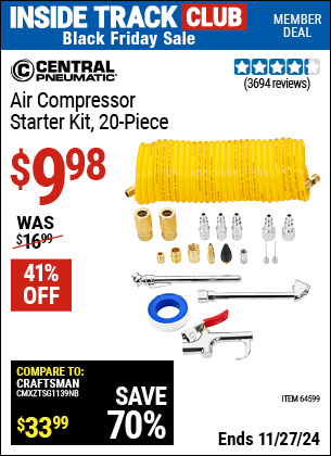 Buy the CENTRAL PNEUMATIC Air Compressor Starter Kit, 20 Piece (Item 64599) for $9.98, valid through 11/27/2024.