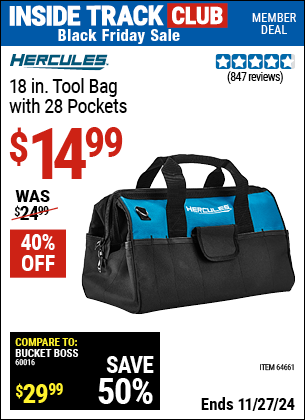 Buy the HERCULES 18 in. Tool Bag with 28 Pockets (Item 64661) for $14.99, valid through 11/27/2024.