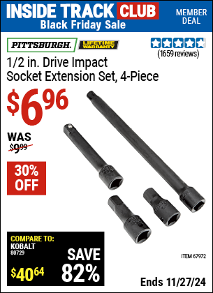 Buy the PITTSBURGH 1/2 in. Drive Impact Socket Extension Set, 4 Piece (Item 67972) for $6.96, valid through 11/27/2024.