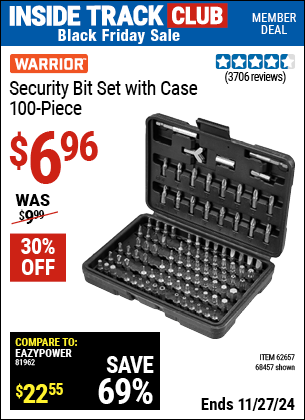 Buy the WARRIOR Security Bit Set with Case, 100 Piece (Item 68457/62657) for $6.96, valid through 11/27/2024.