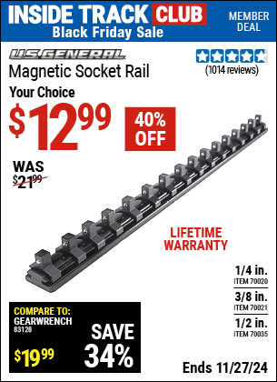 Buy the U.S. GENERAL Magnetic Socket Rail (Item 70021/70020/70035) for $12.99, valid through 11/27/2024.