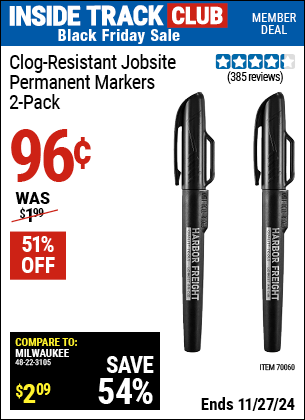 Buy the Clog-Resistant Jobsite Permanent Markers, 2-Pack (Item 70060) for $0.96, valid through 11/27/2024.