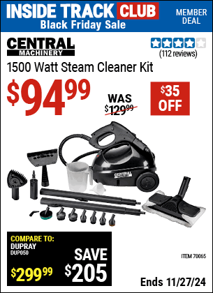 Buy the CENTRAL MACHINERY 1500 Watt Steam Cleaner Kit (Item 70065) for $94.99, valid through 11/27/2024.