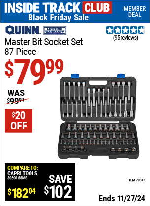 Buy the QUINN Master Bit Socket Set, 87-Piece (Item 70347) for $79.99, valid through 11/27/2024.