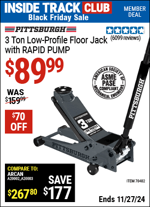 Buy the PITTSBURGH 3 Ton Low-Profile Floor Jack with RAPID PUMP, Slate gray (Item 70482) for $89.99, valid through 11/27/2024.