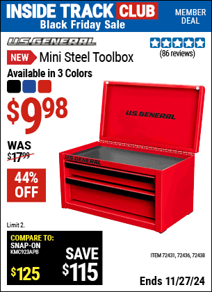 Buy the U.S. GENERAL Mini Steel Toolbox (Item 72438/72436/72431) for $9.98, valid through 11/27/2024.