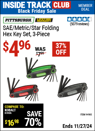 Buy the PITTSBURGH SAE/Metric/Star Folding Hex Key Set, 3 Piece (Item 94905) for $4.96, valid through 11/27/2024.