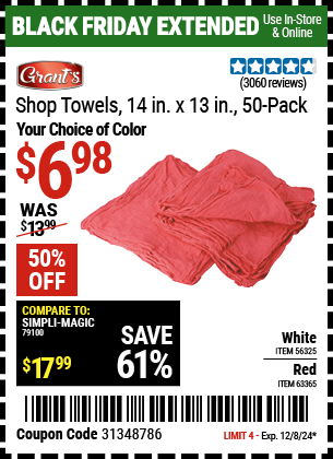 Buy the Shop Towels, 14 in. x 13 in., 50-Pack (Item 56325/63365/63360) for $6.98, valid through 12/8/2024.