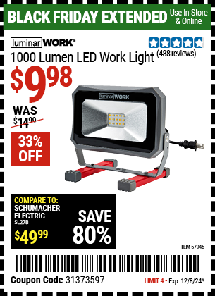 Buy the LUMINAR WORK 1000 Lumen LED Work Light (Item 57945) for $9.98, valid through 12/8/2024.