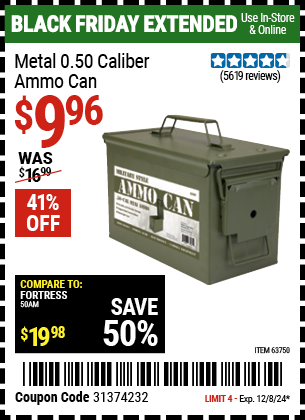 Buy the Metal 0.50 Caliber Ammo Can (Item 63750) for $9.96, valid through 12/8/2024.