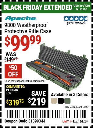 Buy the APACHE 9800 Weatherproof Protective Rifle Case, Long (Item 64520/58657/64520) for $99.99, valid through 12/8/2024.