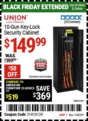 Buy the UNION SAFE COMPANY 10 Gun Key Lock Security Cabinet (Item 59418) for $149.99, valid through 12/8/2024.