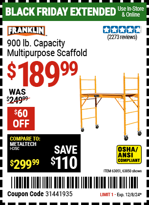 Buy the FRANKLIN 900 lb. Capacity Multi-Purpose Scaffold (Item 63050/63051) for $189.99, valid through 12/8/2024.