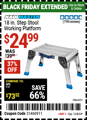 Buy the HAUL-MASTER 18 In. Step Stool Working Platform (Item 66911) for $24.99, valid through 12/8/2024.