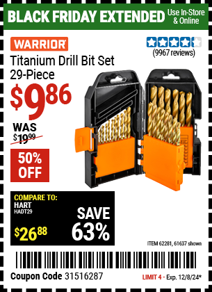 Buy the WARRIOR Titanium Drill Bit Set, 29 Piece (Item 61637/62281) for $9.86, valid through 12/8/2024.