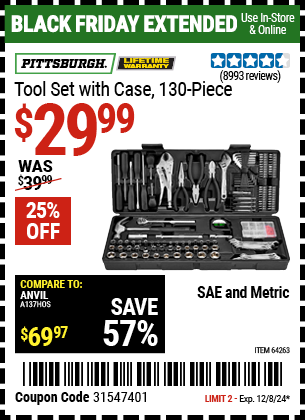 Buy the PITTSBURGH Tool Set with Case, 130 Piece (Item 64263) for $29.99, valid through 12/8/2024.