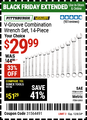 Buy the PITTSBURGH V-Groove Combination Wrench Set, 14 Piece (Item 61399/63063) for $29.99, valid through 12/8/2024.