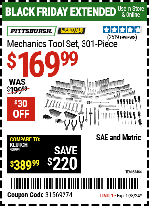 Buy the PITTSBURGH Mechanics Tool Set, 301 Piece (Item 63464) for $169.99, valid through 12/8/2024.