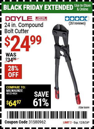 Buy the DOYLE 24 in. Compound Bolt Cutter (Item 56699) for $24.99, valid through 12/8/2024.