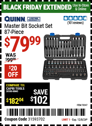 Buy the QUINN Master Bit Socket Set, 87-Piece (Item 70347) for $79.99, valid through 12/8/2024.