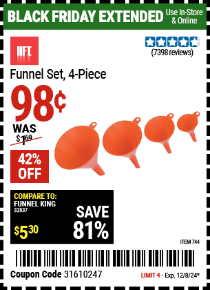 Buy the HFT Funnel Set, 4-Piece (Item 744) for $0.98, valid through 12/8/2024.