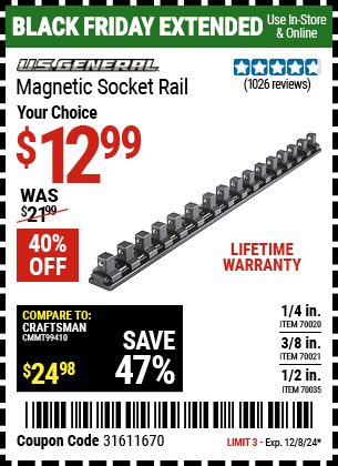 Buy the U.S. GENERAL Magnetic Socket Rail (Item 70020/70021/70035) for $12.99, valid through 12/8/2024.