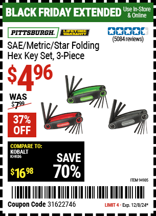 Buy the PITTSBURGH SAE/Metric/Star Folding Hex Key Set, 3 Piece (Item 94905) for $4.96, valid through 12/8/2024.