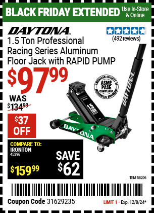 Buy the DAYTONA 1.5 Ton Professional Racing Series Aluminum Floor Jack with RAPID PUMP (Item 58206) for $97.99, valid through 12/8/2024.