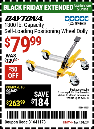 Buy the DAYTONA 1300 lb. Capacity Self-Loading Positioning Wheel Dolly (Item 64601) for $79.99, valid through 12/8/2024.