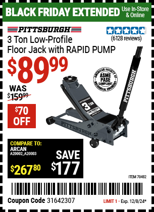 Buy the PITTSBURGH 3 Ton Low-Profile Floor Jack with RAPID PUMP, Slate gray (Item 70482) for $89.99, valid through 12/8/2024.