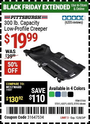 Buy the PITTSBURGH AUTOMOTIVE 300 lb. Capacity Low-Profile Creeper (Item 57310/57311/57312/63371/63372/63424) for $19.99, valid through 12/8/2024.